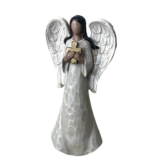 BURTON + Burton Carved Look Resin Angel Holding A Cross - Picture 1 of 9